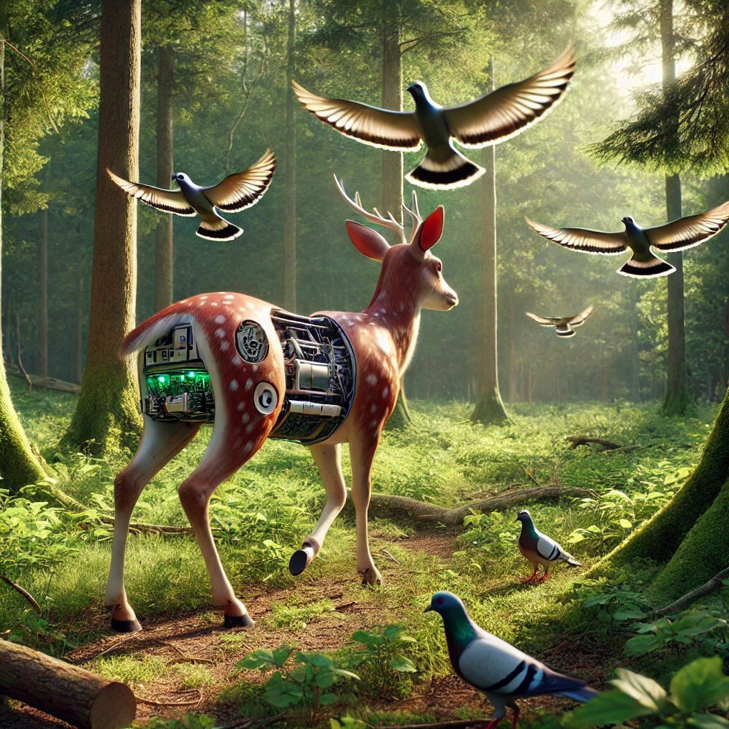 A deer walking through a forest releases a flock of spybirds